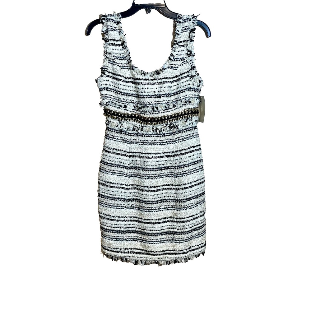 Boston Proper Tweed Mini Dress‎ Size 2 White Striped Sleeveless Wool Chain NEW